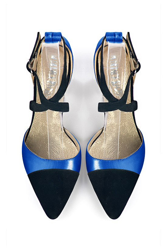 Matt black and electric blue women's open side shoes, with crossed straps. Tapered toe. Medium comma heels. Top view - Florence KOOIJMAN